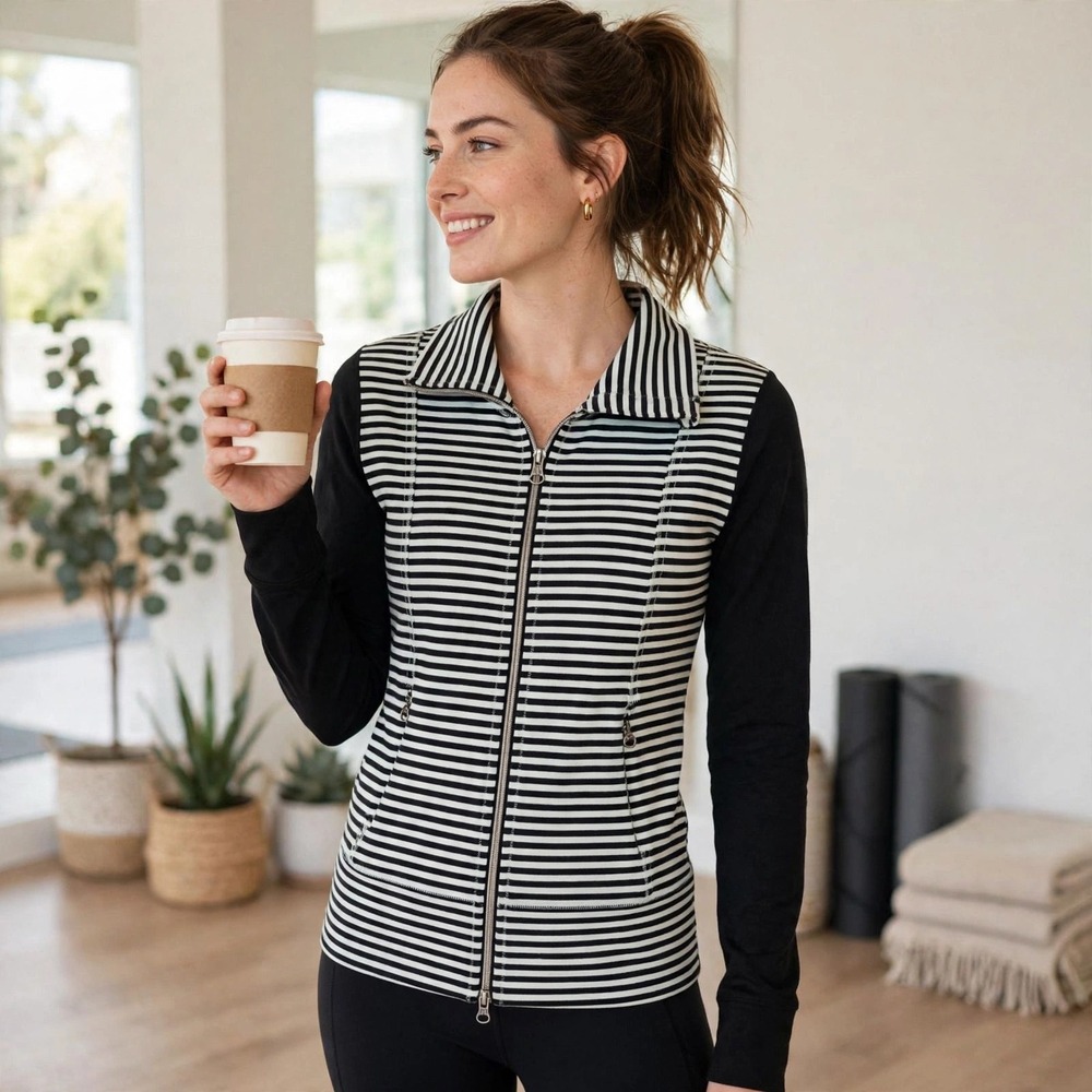 Lululemon Black & light green Striped Full Zip Jacket Athletic Activewear Size 2